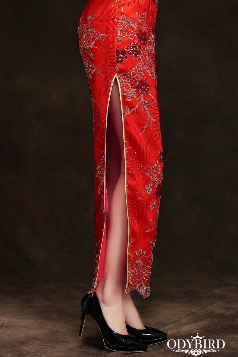 品牌2019春季新款长袖旗袍长款时尚新娘敬酒服旗袍裙走秀演出玫红色l