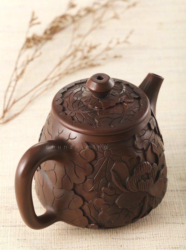 春之茗云南建水紫陶茶壶名家手工雕刻浮雕花开富贵紫陶壶高石瓢壶泡
