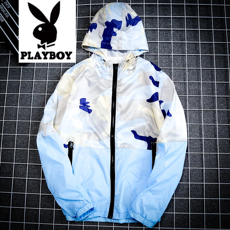 Playboy spring and summer men's jacket self-cultivation sunscreen clothing youth spring and autumn thin coat student Korean version of the baseball uniform tide jacket blue 2XL is small and usually L size