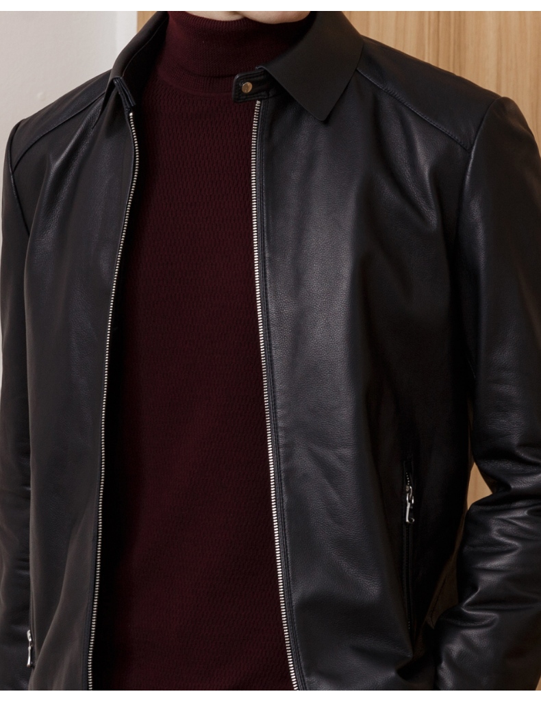 报喜鸟秋冬男士休闲时尚皮衣 修身韩版青年绵羊皮机车服潮皮夹克 黑色