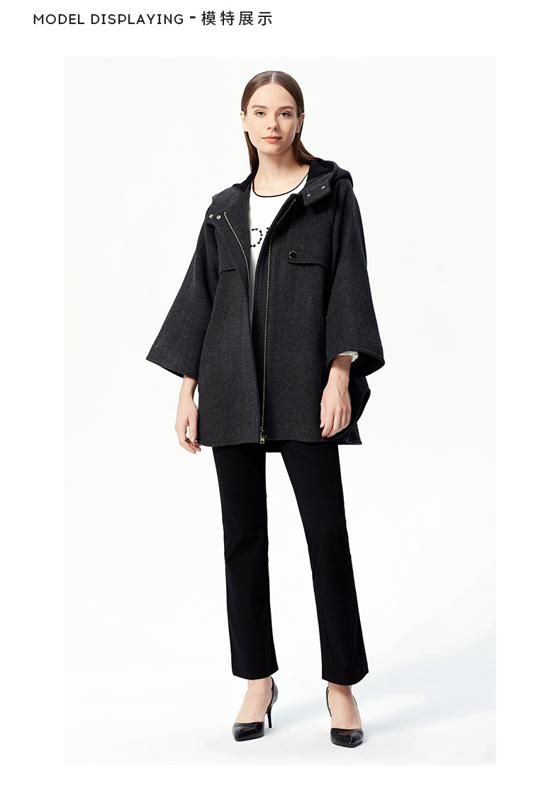 ports宝姿秋季新款七分袖兜帽廓形大衣外套女lw9c063zff014charcoal8
