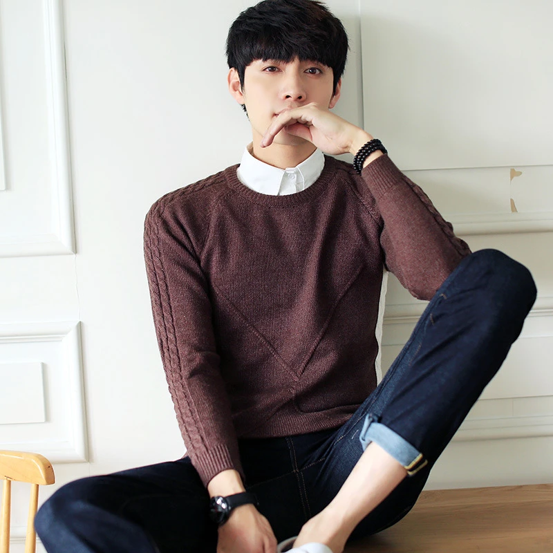 UYUK autumn Korean version sweater men's Japanese round neck pullover slim men's knitted sweater youth long-sleeved bottoming men's shirt brown 2XL