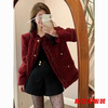 Ma Feixuan French style red small fragrant coat for women in autumn and winter new style ladylike short tweed top burgundy - autumn and winter coat for women with velvet S - autumn and winter coat for women with velvet