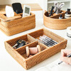 Coffee table desktop storage box inside and outside the house, rattan living room storage basket, remote control, key, miscellaneous box, small items, divided storage basket, natural rattan, rectangular three-compartment