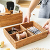 Coffee table desktop storage box inside and outside the house, rattan living room storage basket, remote control, key, miscellaneous box, small items, divided storage basket, natural rattan, rectangular three-compartment
