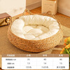 Tiger pet cat nest, suitable for all seasons, summer rattan cat scratching board, extra large mat, woven cat and dog sleeping pet supplies, rattan cat ear nest + milk white cotton pad + milk white pillow, medium size, suitable for under 15 pounds
