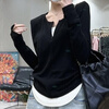 Jian Qingyi V-neck fake two-piece black bottoming shirt for women in autumn and winter, which can be worn outside with a foreign style and high-end long-sleeved T-shirt slim fit top. Fake two-piece V-neck half-zip bottoming shirt, black and white, L. Recommended under 115 catties.