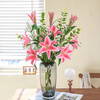 Fascinating makeup artificial flower high-branch lily flower simulated bouquet single living room TV cabinet dining table decoration simulated flower set flower 3 white 3 pink perfume lily + 2 leaves 2 baby's breath (not including vase)
