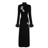 Hengyuan Xianggan 2025 autumn and winter new long-sleeved black cheongsam embroidered new Chinese style slim slit velvet long skirt black (removable fur sleeves) L