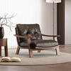Small hibiscus mid-century style solid wood leisure chair retro Maillard leather single sofa chair living room balcony light luxury lazy sofa black
