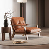 Small hibiscus mid-century style solid wood leisure chair retro Maillard leather single sofa chair living room balcony light luxury lazy sofa black