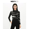 NEXY.CO/NEXY 2025 new autumn style temperament stand-up collar slim carved printed two-wear pullover long-sleeved top for women black L