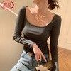 Langsha threaded bottoming shirt for women autumn 2025 new large U-neck long-sleeved T-shirt simple and versatile slim fit top