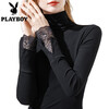 Playboy (PLAYBOY) ladylike turtleneck bottoming shirt for women in autumn and winter, long-sleeved, stylish and slim T-shirt spliced lace trumpet sleeve top, black plus velvet S