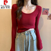 Pierre Cardin red knitted bottoming shirt for women autumn large neckline long-sleeved cotton top sexy u-neck right shoulder ribbed cotton inner t-shirt red S