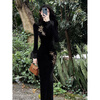 Hengyuan Xianggan 2025 autumn and winter new long-sleeved black cheongsam embroidered new Chinese style slim slit velvet long skirt black (removable fur sleeves) L