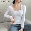 La Chapelle pure cotton square neck long-sleeved bottoming shirt for women spring and autumn right shoulder design fashionable T-shirt top black 2XL