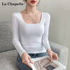 La Chapelle pure cotton square neck long-sleeved bottoming shirt for women spring and autumn right shoulder design fashionable T-shirt top black 2XL