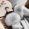 Pierre Cardin oversized fox fur double-sided cashmere coat for women 2025 winter new temperament short small woolen coat gray M