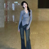Miao Yijia low-neck gray slim-fitting bottoming shirt for women to wear as an inner layer and outer wear, new style, high-end, fashionable and feminine long-sleeved T-shirt. Gray pure desire cross V-neck irregular waist base layer. Recommended for under 120 pounds.
