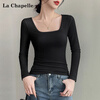 La Chapelle pure cotton square neck long-sleeved bottoming shirt for women spring and autumn right shoulder design fashionable T-shirt top black 2XL