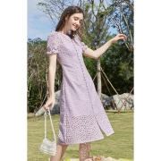 3色の夏の新しい甘いフレンチジャカードドレス女性のVネックパフスリーブミドル丈レーススカートパープル160/84A / M