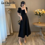 La ChapelleLA[特別価格ピックアップリーク]ブラックドレス女性2022年夏新しいフレンチレトロスクエアカラーウエストスリム気質ヘップバーンロングスカート2022新しいドレス[ブラック]L提案[110-125キャティ]