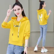 [Women's New Style] Cotton 2021 Spring and Autumn New Hooded Sweater Women's Short Korean Style Loose Shirt Letter Print Jacket Tide Ins Yellow XL 115-130 Jin