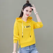 [Women's New Style] Cotton 2021 Spring and Autumn New Hooded Sweater Women's Short Korean Style Loose Shirt Letter Print Jacket Tide Ins Yellow XL 115-130 Jin