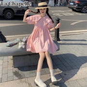 LaChapelleLa新しいドレス2022人形の襟のドレス女性の夏日本の優しい牛乳甘いパフ袖ゆるいカジュアル初恋ショートシャツスカートファッションカウンターピンクS