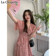 La Chapelle La2022ニュードレスラージサイズやや太めの女の子ピンクフローラルパフスリーブAラインドレスファットMMフレンチVネックカバーベリースリムスカートピンクLサイズおすすめ100〜120キャティ