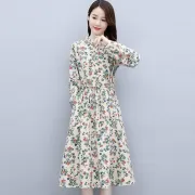 【女性の春の新作ドレス】シスターの春と秋に花柄のコットンとリネンのドレススーツは、薄くて長袖のベージュのシングルスカート2XL130-145キャティーです。
