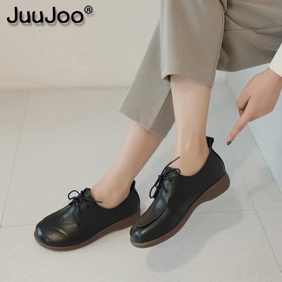 Juujooブランドレザーレディースシューズ21秋新ラウンドトゥシングルシューズレディースフラットブリティッシュスタイルビッグレザーシューズ レディースソフトボトムマザーシューズブラック37