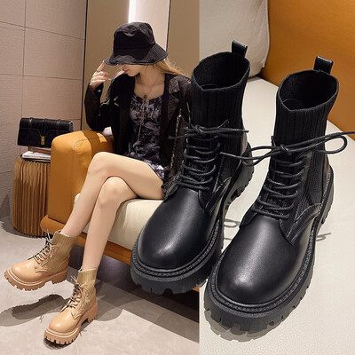 グアヤヤレディースブーツマーティンブーツレディース秋新厚底ニットブーツインズブリティッシュスタイルブーツキッズファッショントレンディブーツショートショートブーツワイルドネットセレブストリートシューティングアウトドアブーツエベリン F68ブラック37