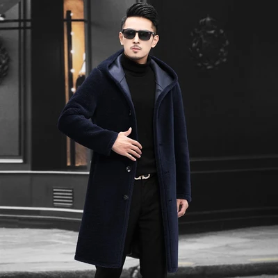 シーザーカイザーシープシャーリングメンズミドル丈ウールコートメンズフード付きウールコート秋冬厚手メンズコートビジネス カジュアルハイニングファーネイビーブルー4xl