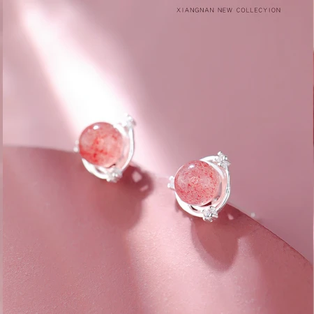925 Silver Strawberry Crystal Zircon Earrings Girls Earrings Mori Powder Crystal Planet Earrings Female Red Agate Earrings