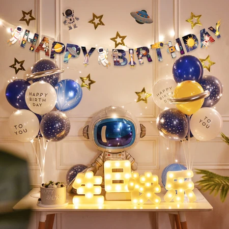 Meiqing MEIQING Birthday Scene Layout Boy Table Floating Balloon Happy Birthday LED Light Children's Luminous Balloon Background Wall Decoration Astronaut Happy Birthday Package