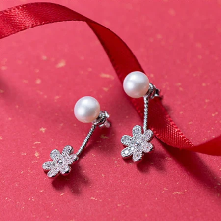 Tang genus tangshu daisy ear jewelry temperament flower back hanging pearl earrings female 202206E-13