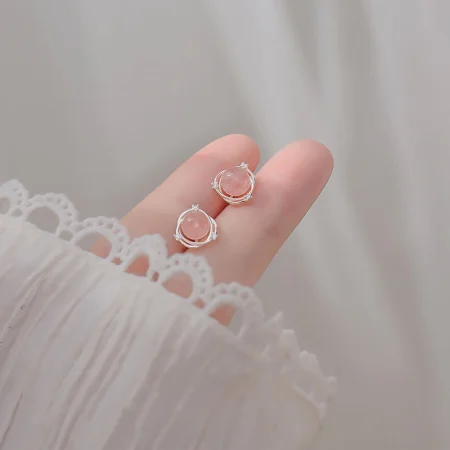 925 Silver Strawberry Crystal Zircon Earrings Girls Earrings Mori Powder Crystal Planet Earrings Female Red Agate Earrings