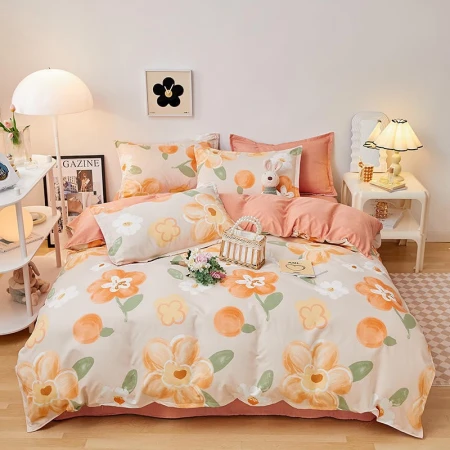 Yalu brushed four-piece set small fresh printing set quilt cover sheet bedding four-piece set C Warm sun flowers blooming standard four-piece quilt cover 200x230cm