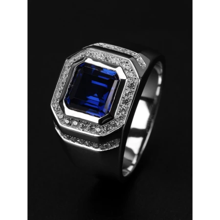 Zhanyuan sapphire blue corundum platinum-plated men's ring color treasure silver jewelry inlaid gemstone ring large custom men's size 21