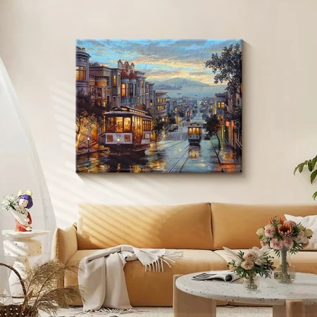 Bases digital oil painting diy landscape flower hand-painted oil painting coloring living room decorative painting children's hand-painted animation hanging painting city tram 50*40cm stretched solid wood inner frame set