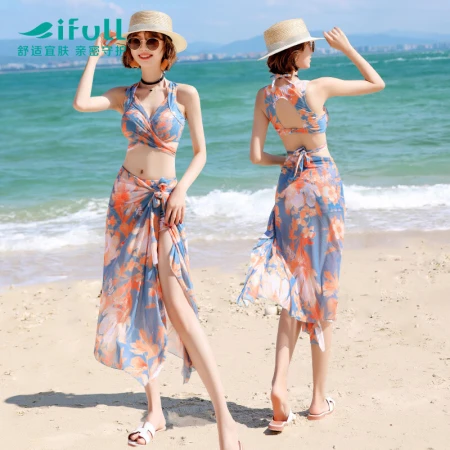 Yifu sunscreen swimsuit women's bikini three-piece set Korean hot spring flat angle fashion slim Korean ins split swimsuit three-piece set XL