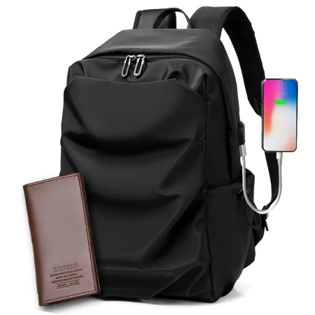 Langfei Backpack Men's Backpack Large Capacity Fashion Leisure Business Travel Laptop Bag High School College Student School Bag Men's Trendy USB Charging Bag 65199 Black
