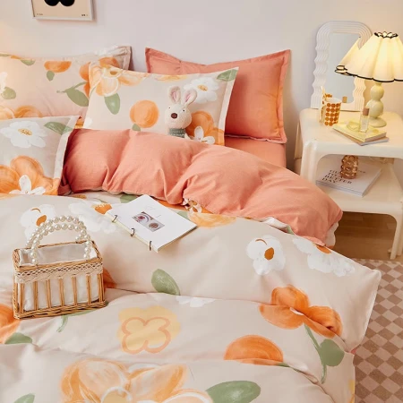 Yalu brushed four-piece set small fresh printing set quilt cover sheet bedding four-piece set C Warm sun flowers blooming standard four-piece quilt cover 200x230cm