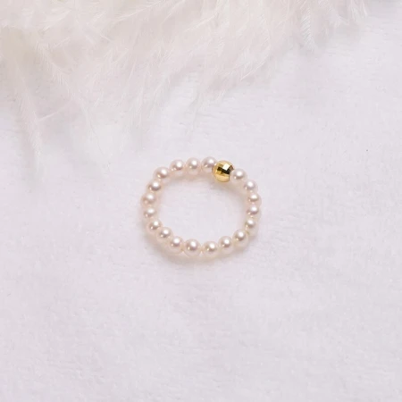 Jingrunxinjian 18K Gold Accessories White Freshwater Pearl Girls Elastic Band String 3-4mm#11 Fashion Light Luxury Simple Ring Birthday Gift with Certificate