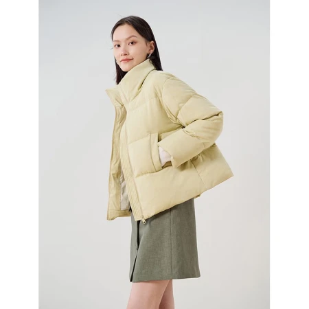 White goose down jacket of primary cotton and micro wool blend, light yellow down jacket, wool goose down double warm apricot white S