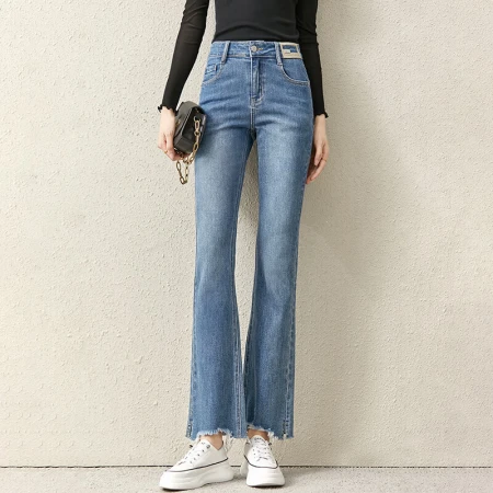 Chandubilla Fashion Retro Washed Jeans Autumn Classic Versatile Flared Cropped Pants Women W23N43461 Denim Blue L