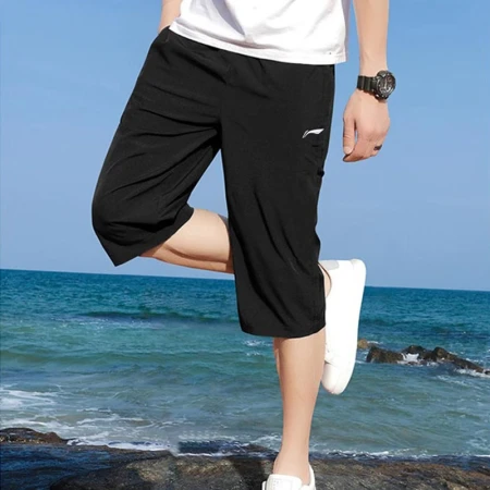Li Ning Lining cropped pants men's summer men's pants short breathable wear-resistant men's loose pants tie-up casual pants large size sports men's running fitness clothing pants black-cropped pants L