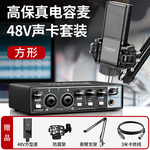 DepushengDepusheng UR22 mobile computer live broadcast sound card USB recording professional post-dubbing arranger delivery anchor audio book guitar instrument external sound card high-fidelity condenser microphone 48V sound card set (square tube)